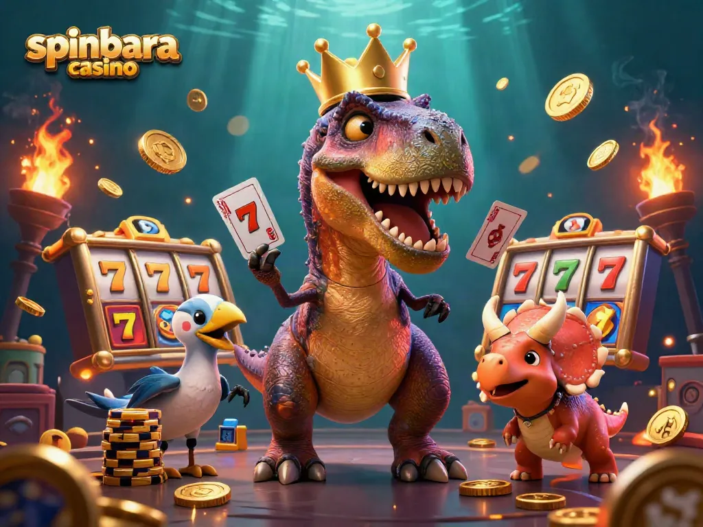 Engage in thrills at Spinbara Casino with a T-Rex shuffling cards amidst vibrant gaming elements!