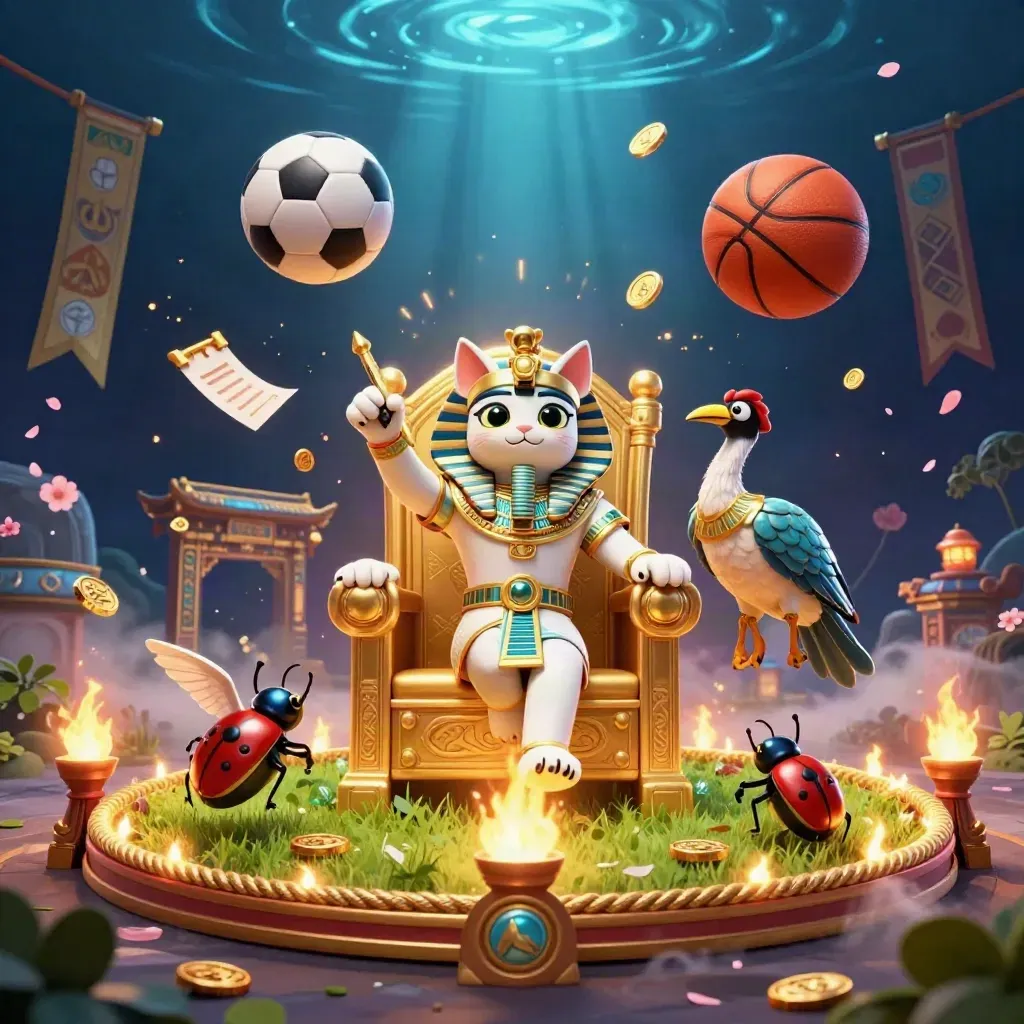 Gato faraón con ibis y escarabajos entre balones, oro y luz submarina.