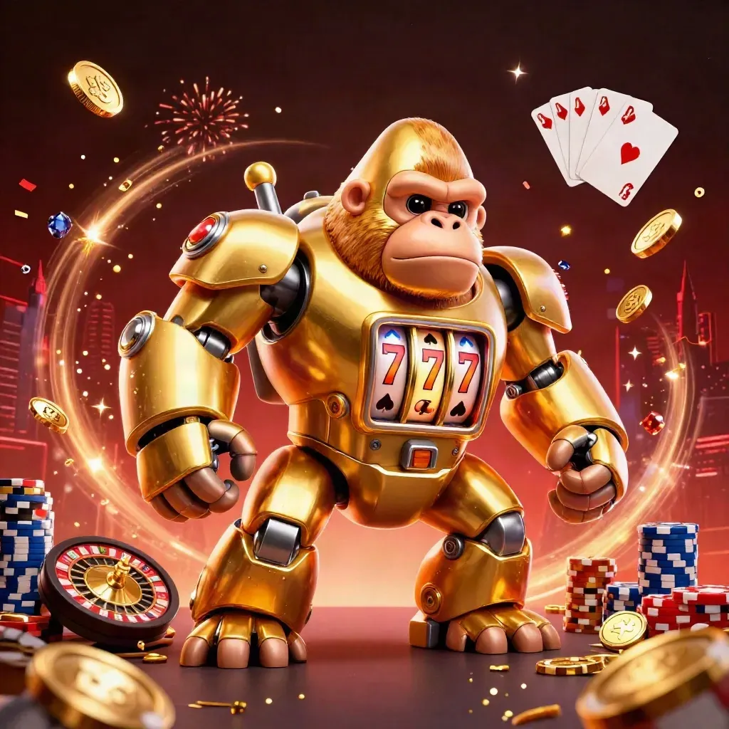 Gorila mecha dorado con monedas, ruleta y fichas sobre fondo rojo oscuro y negro.