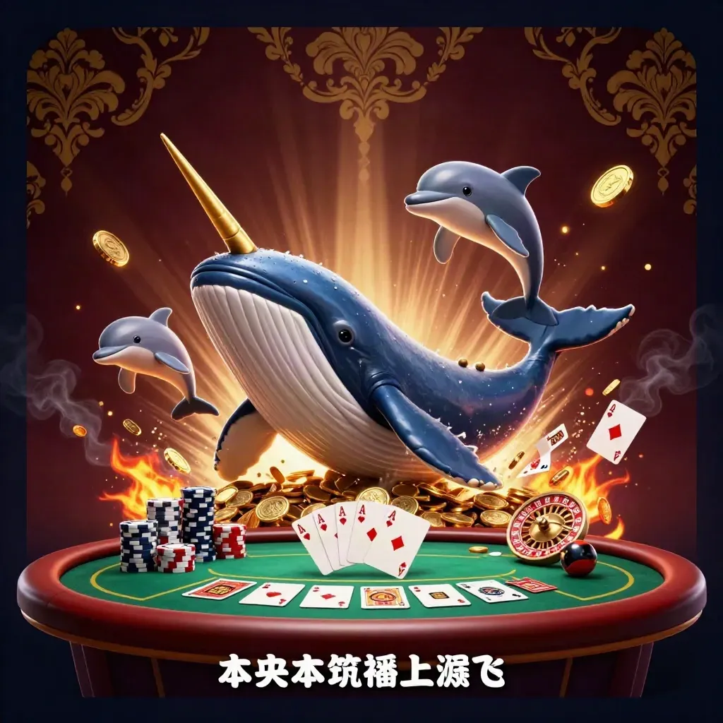 Ballena capitana gigante, narval y delfines entre monedas en un casino lujoso y oscuro.