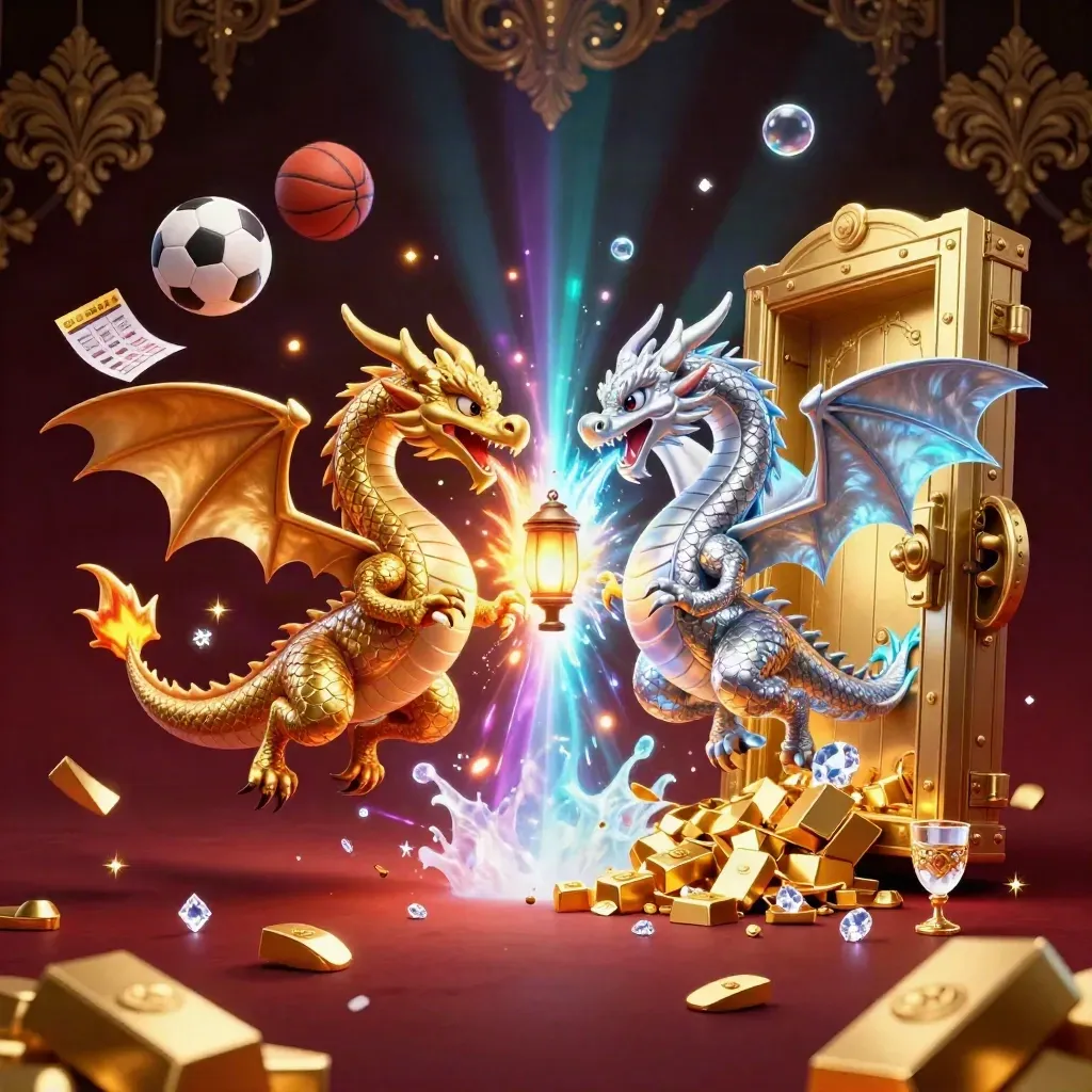 Dos dragones dorado y plateado, balón y pelota, cofre de oro y luces neón.