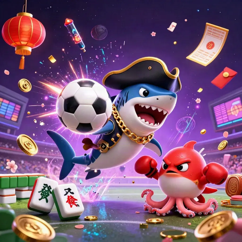 Tiburón pirata, pez globo y pulpo bebé entre monedas, balones y luces neón