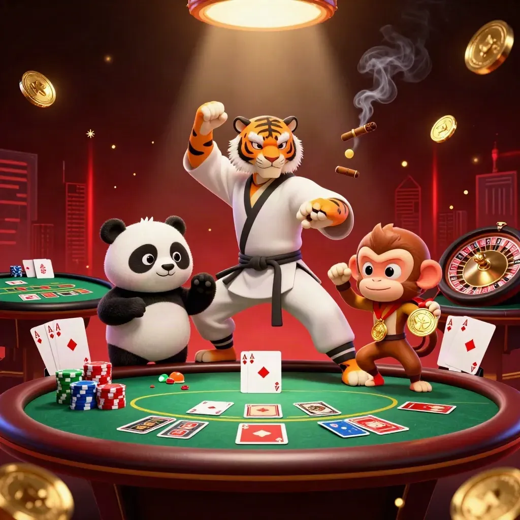 Tigre kung-fu, panda y mono en mesa de casino con luz dorada, fichas y cartas.