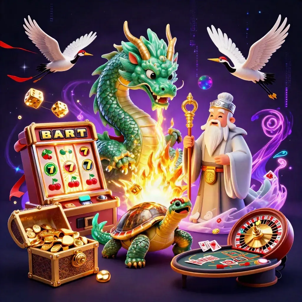 Dragón jade, tortuga sabia y grullas en un casino mágico con oro y luces de neón.