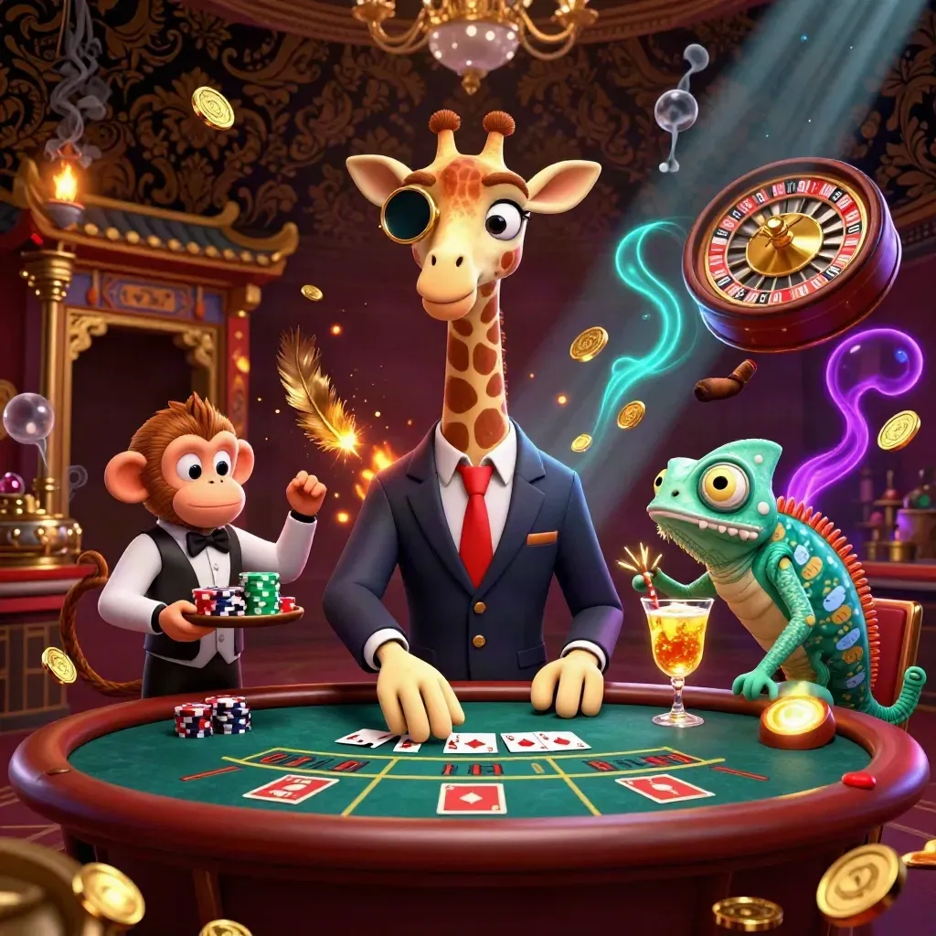 Jirafa, mono y camaleón en casino lujoso con luces doradas y toque marino.