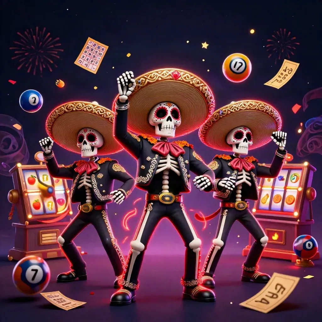 Trío de esqueletos mariachi entre bolas de lotería, rueda y brillo rojo sobre fondo oscuro.