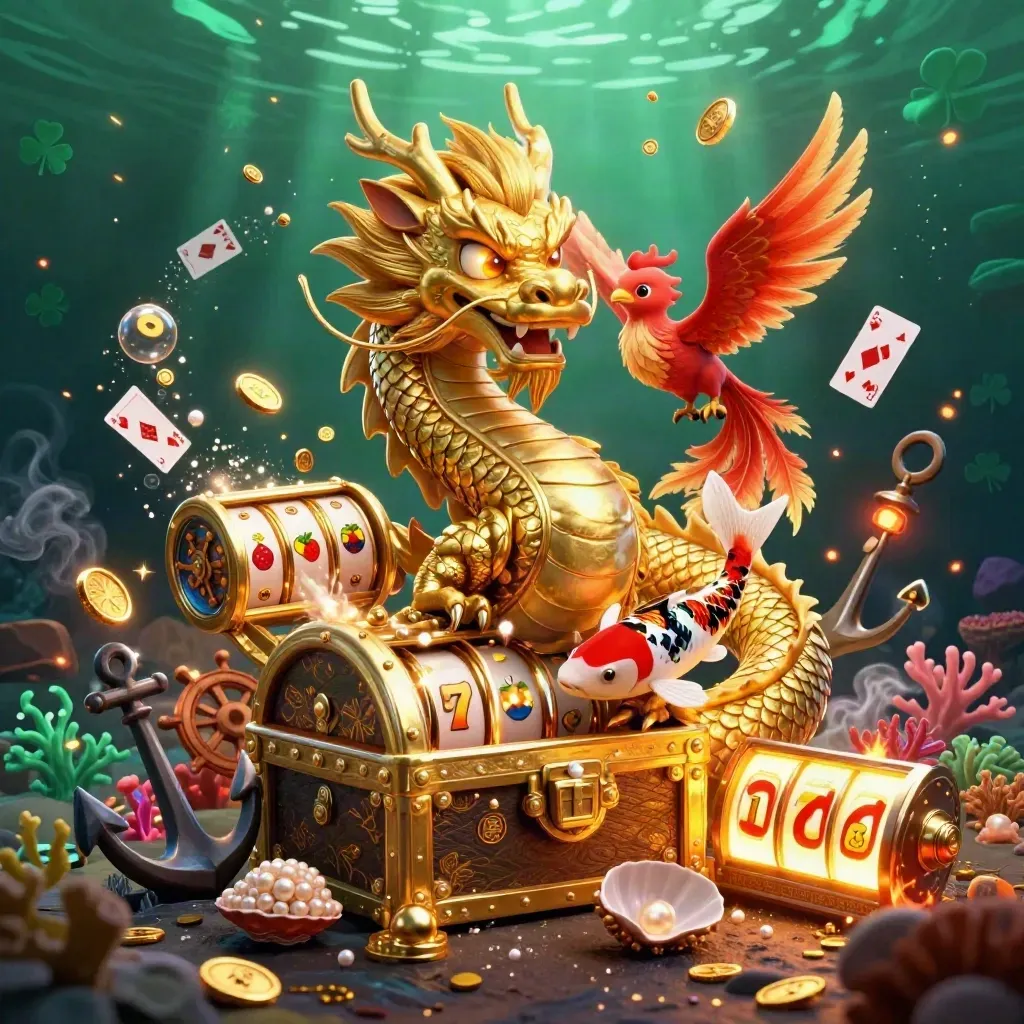 Dragón dorado con fénix rojo, carpas y tesoros submarinos en una cueva verde oscura.