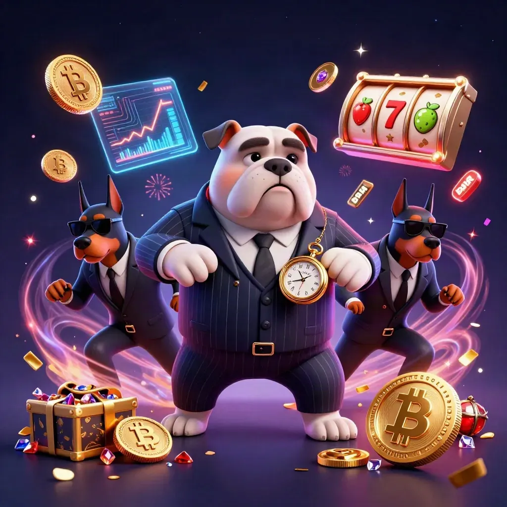 Bulldog mafioso y dos dobermans entre monedas cripto, luces rojas y confeti sobre fondo azul marino.