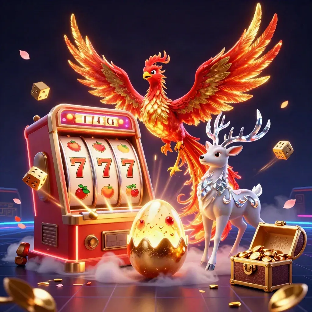 Fénix de fuego, cervatillo místico y tragaperras estallando en azul marino y rojo, con oro brillante.
