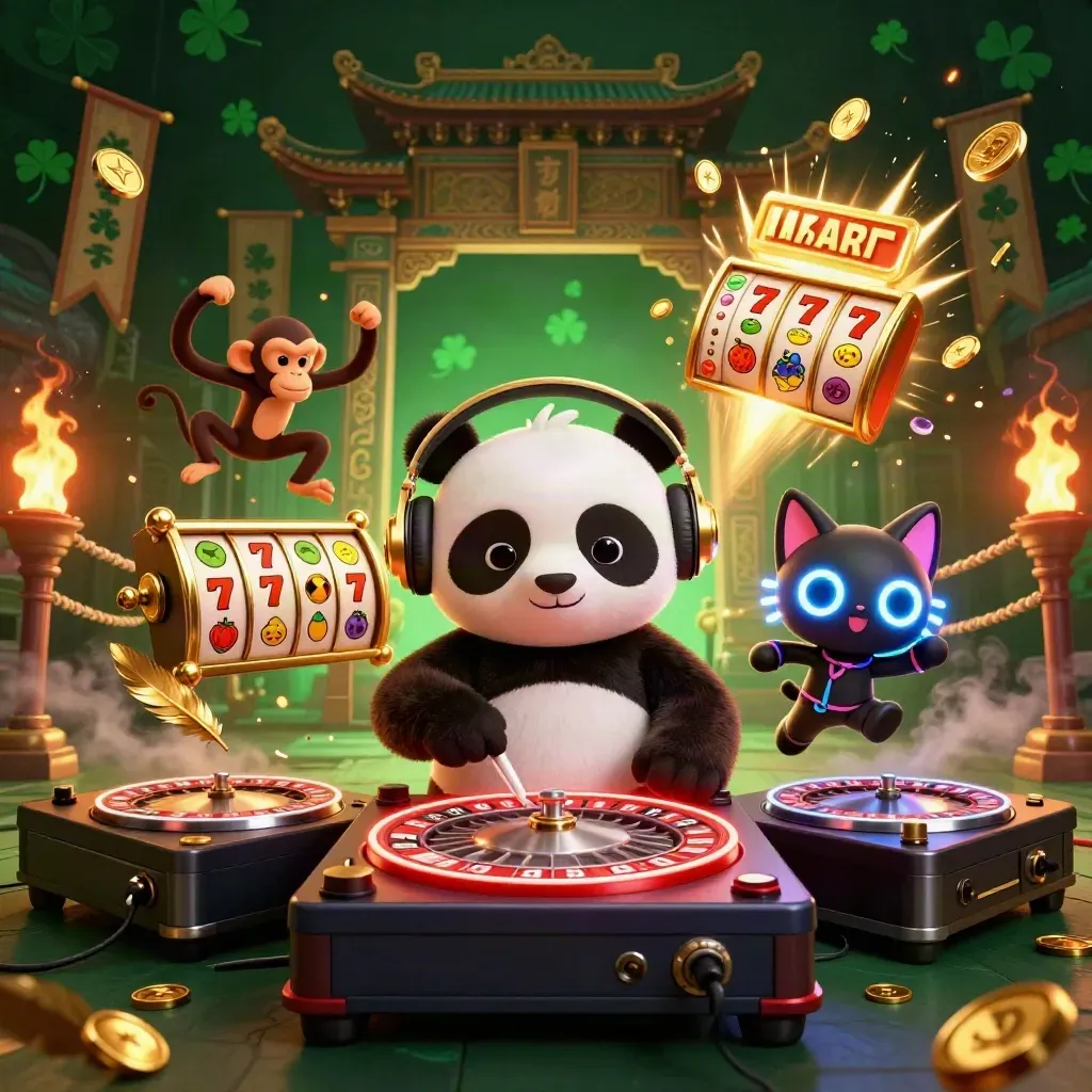 Panda DJ, mono bailando y gatito neón en un templo asiático con monedas y chispas.