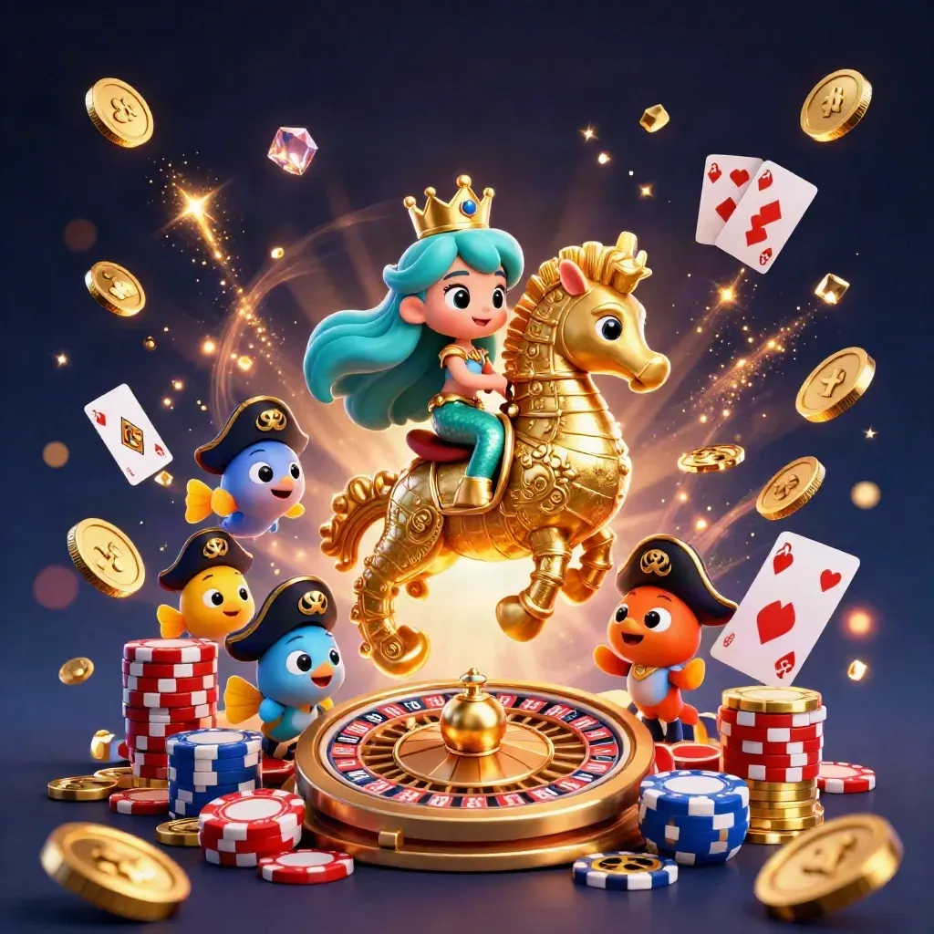 Sirena princesa con caballo marino dorado, peces pirata, monedas y ruleta en fondo púrpura.