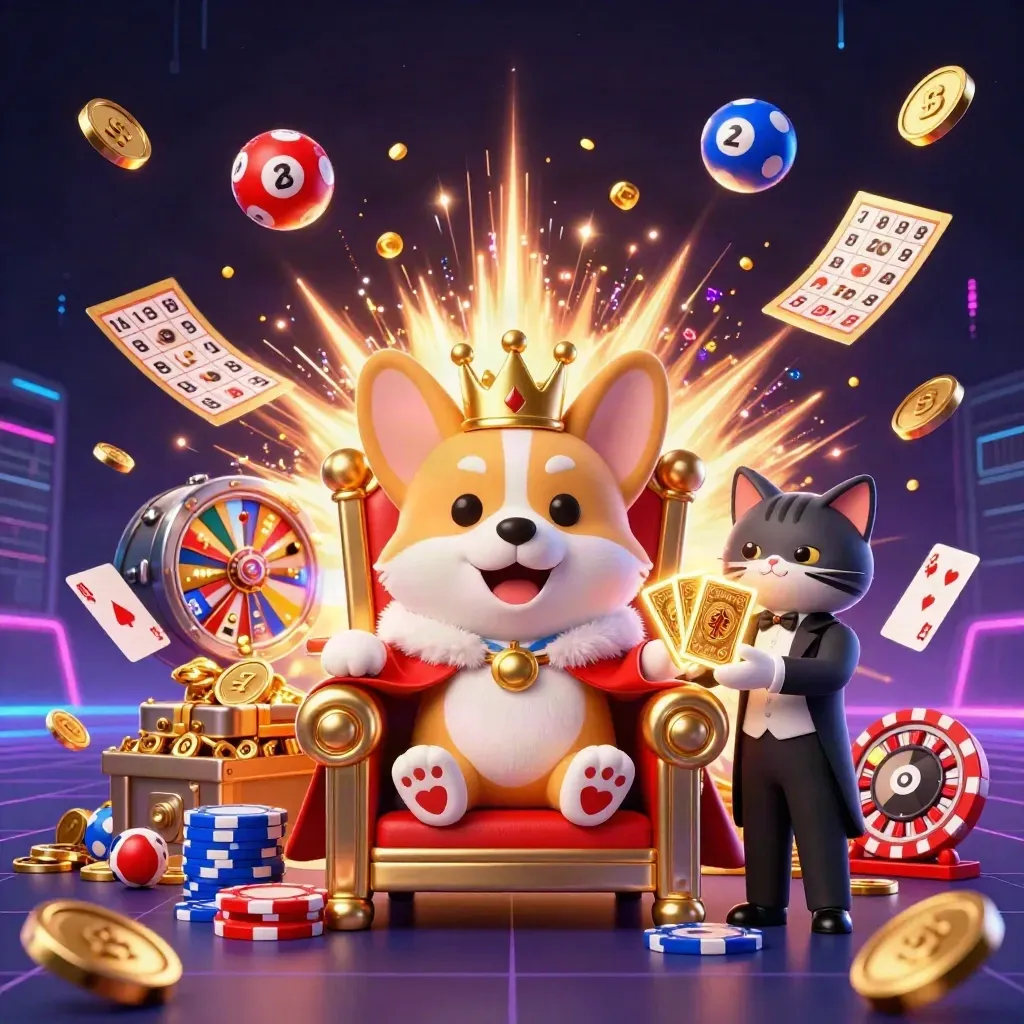 Corgi real coronado y gato mayordomo entre fichas, monedas, luces neón y ruleta