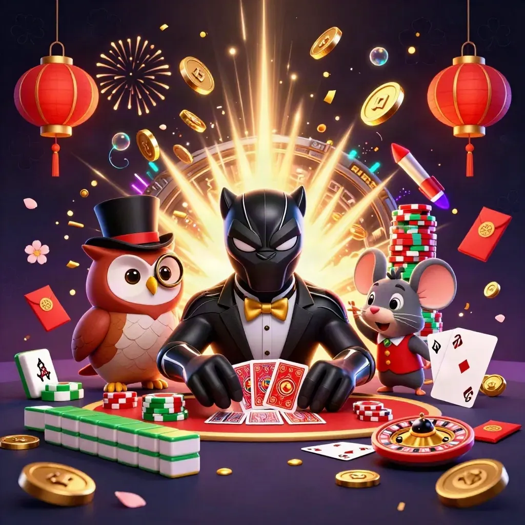 Pantera, búho y ratón celebran entre monedas, cartas y fuegos artificiales.