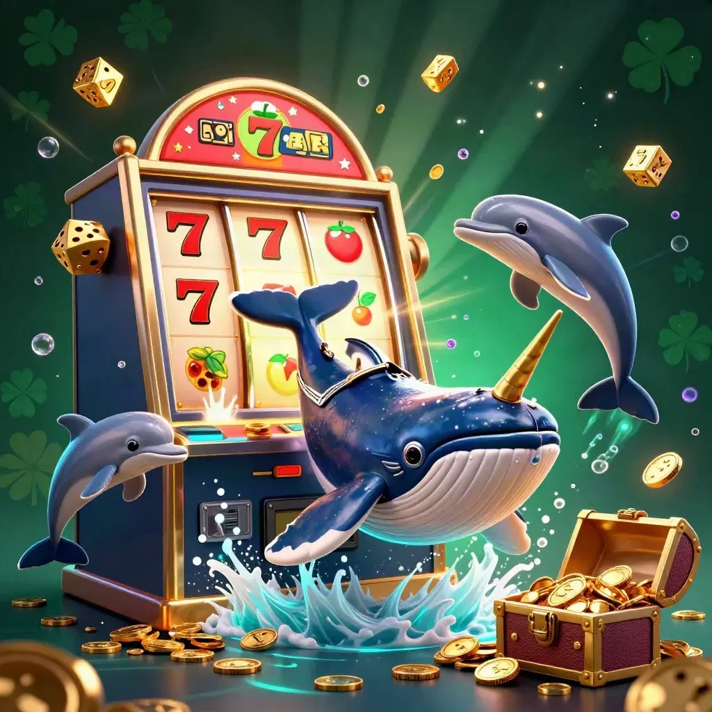Ballena capitana y narval entre monedas, tragamonedas y luces neón azul marino y rojo.
