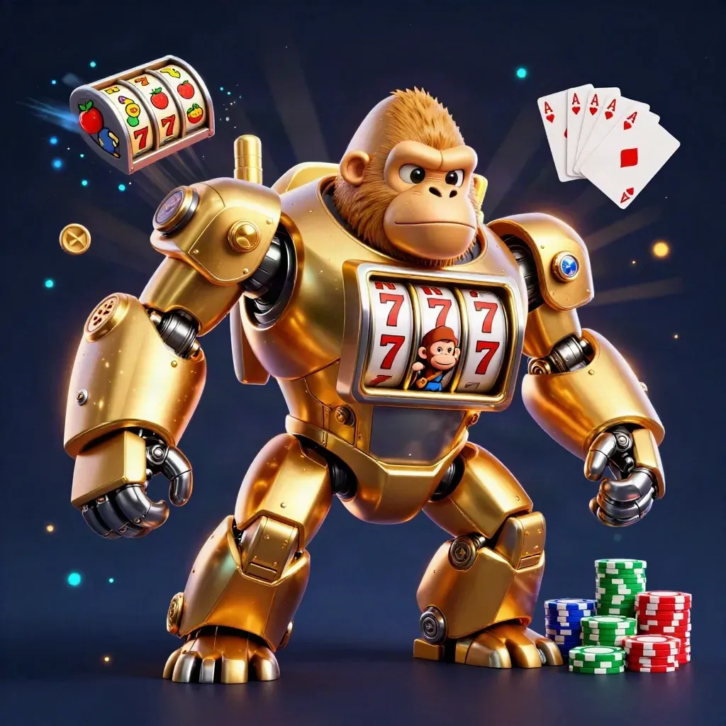 Mono mecánico dorado de tragaperras con piloto, cartas, fichas y luces de casino.