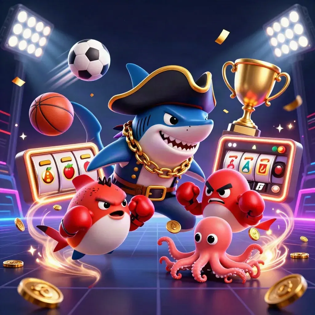 Tiburón pirata, pez globo y pulpo bebé con monedas en escena neón de casino.