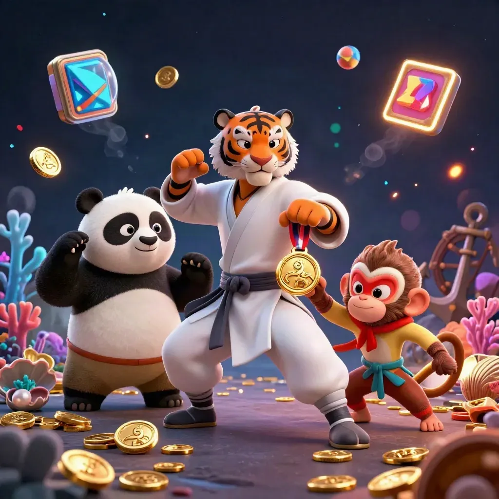 Tigre kung-fu, panda y mono entre tesoros submarinos y monedas doradas.