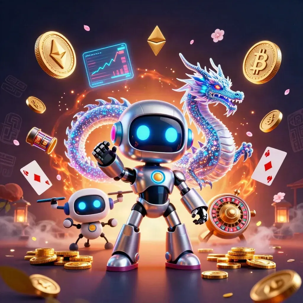 Robot ciberpunk, dragón holográfico y dron con monedas sobre fondo rojo y azul, estilo casino premium.